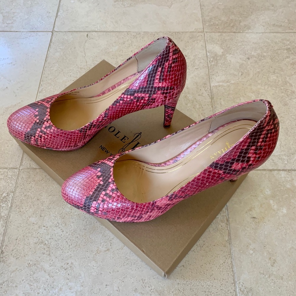 Cole Haan Chelsea pink snake print leather pumps